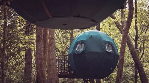 futuristic tent in woods